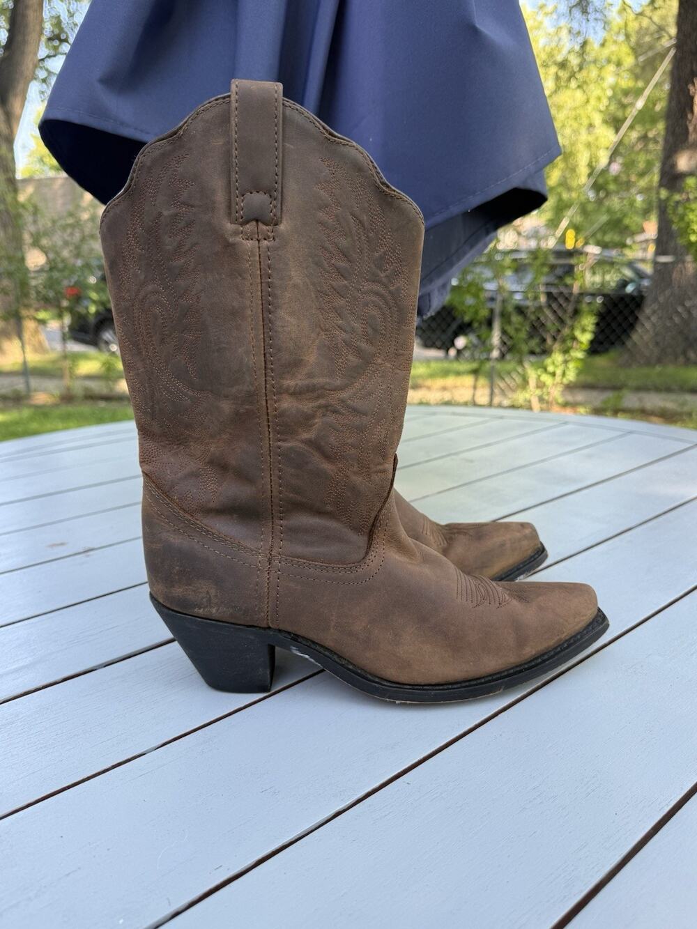 Women’s Brown Leather Cowboy Boots Pointed Toe Embroidered Western Size 9.5M